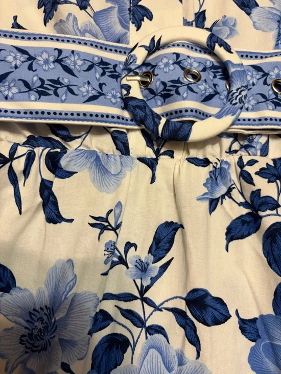 Joie Blue White Floral Puff Sleeve Belted Mini Dress Cotton Chinoiserie Size 8 - Picture 7 of 7